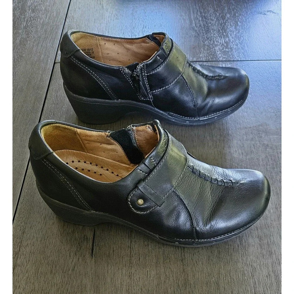 Clarks Unstructured Unsparrow Black Leather Shoes 6.5 Side Zip Comfort Clog - Picture 4 of 12